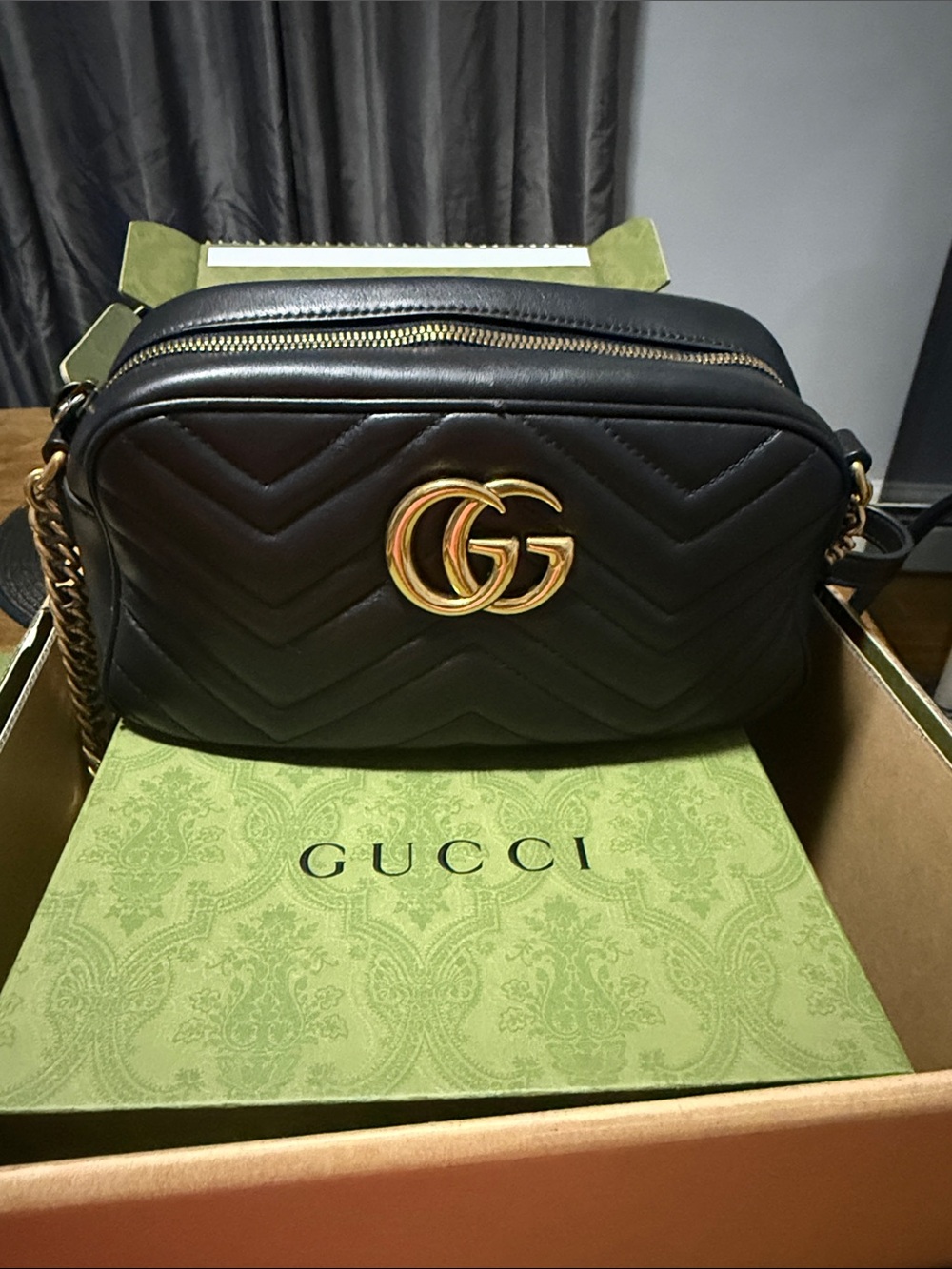 Gucci Black Quilted GG Marmont Camera Bag with Gold Hardware